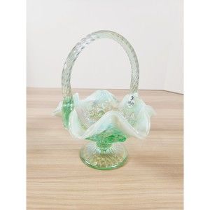 Fenton Green Opalescent Iridescent‎ Ruffled Wavy Roses Floral Basket with Handle